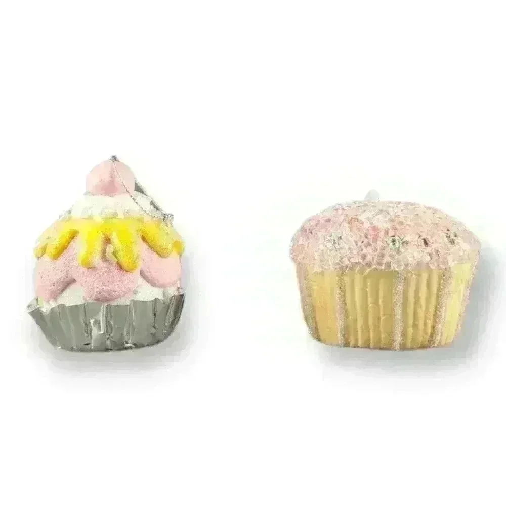 Cupcake & Ice Cream Sundae Sweets Pink Beaded / Glitter Christmas Ornaments (2)